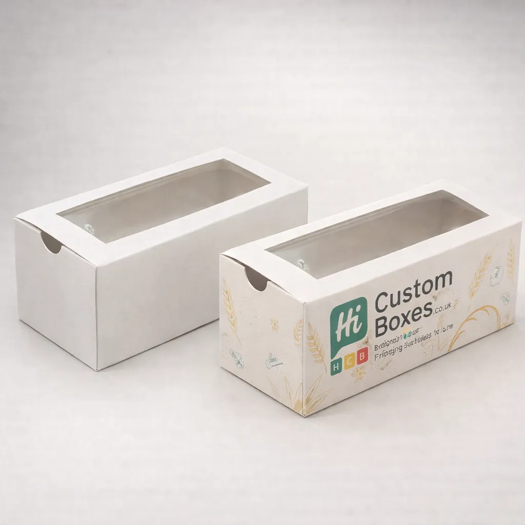 Two rectangular white bread boxes with long clear top windows, one decorated with golden wheat ear designs. class=
